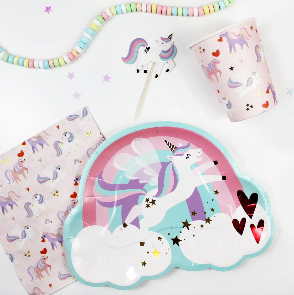 Pastel unicorn plate napkin and cup with rainbow and cloud birthday theme from Parte Haus party supply store in Bethesda MD