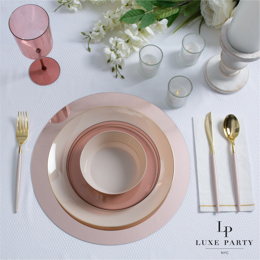 Rose gold dinnerware set elegant table setting bridal shower theme from Parte Haus party supply store in Bethesda MD