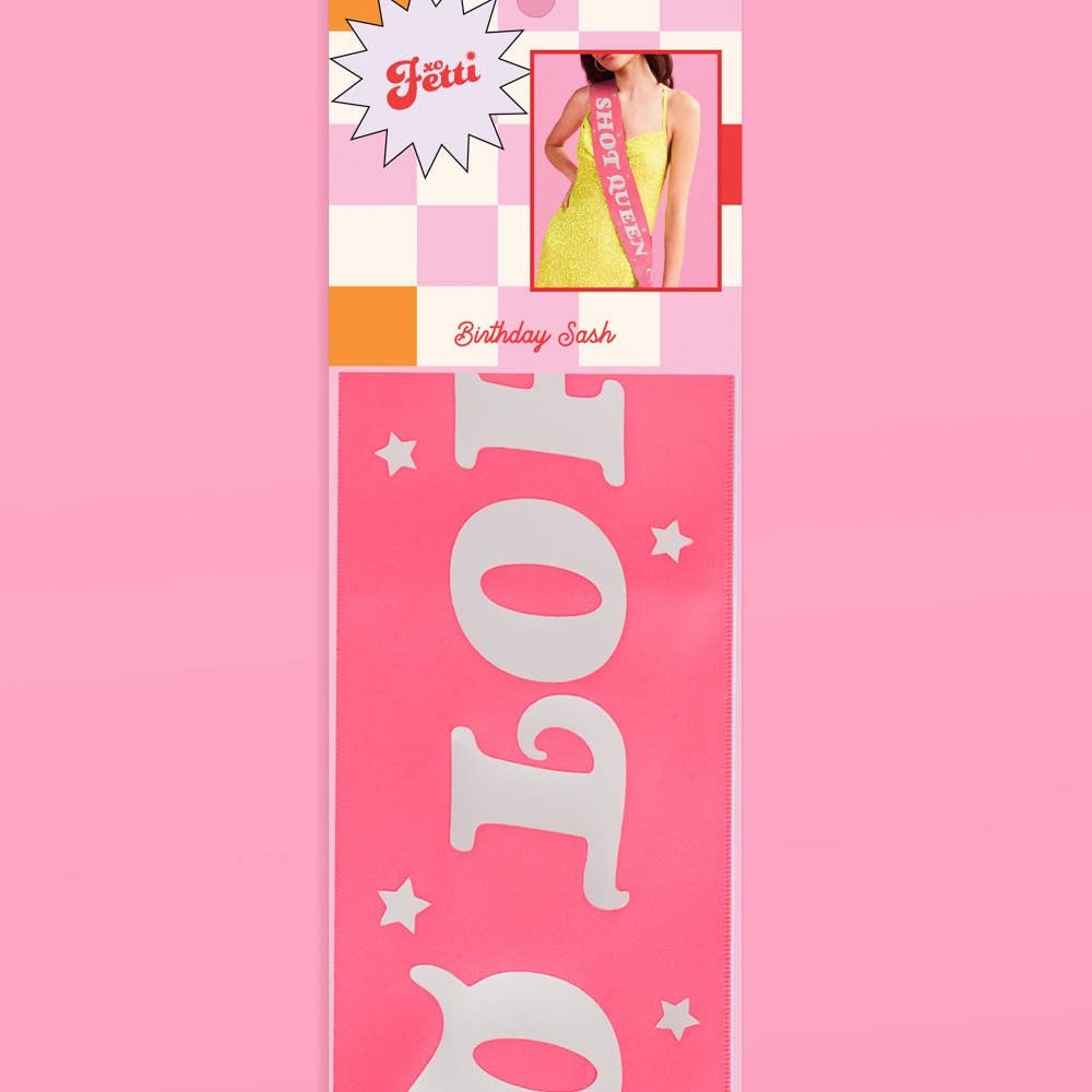 Pink birthday sash with bold white lettering and star graphics for bachelorette from Parte Haus party supply store in Bethesda MD