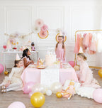 Pink princess birthday table with cake and gold pink balloons theme from Parte Haus party supply store in Bethesda MD