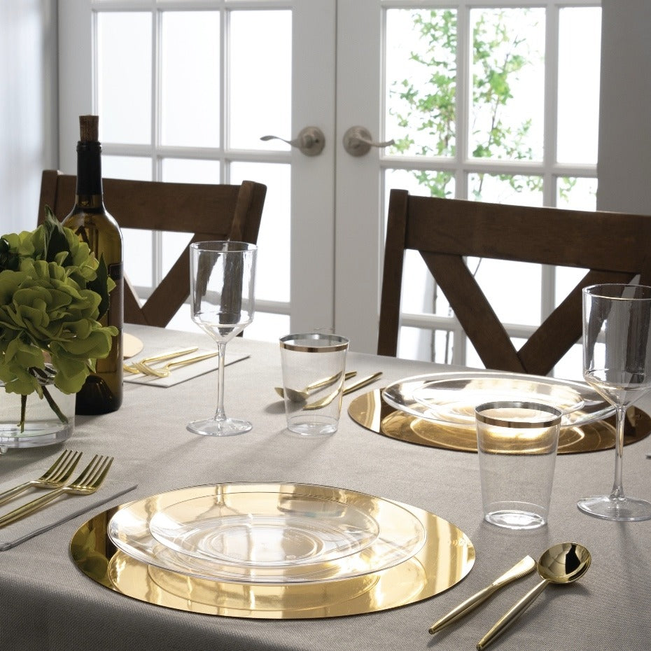 Gold clear dinnerware elegant table setting for dinner party from Parte Haus party supply store in Bethesda MD