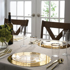 Gold clear dinnerware elegant table setting for dinner party from Parte Haus party supply store in Bethesda MD
