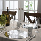 Silver clear plastic plate set elegant table setting for dinner party from Parte Haus party supply store in Bethesda MD