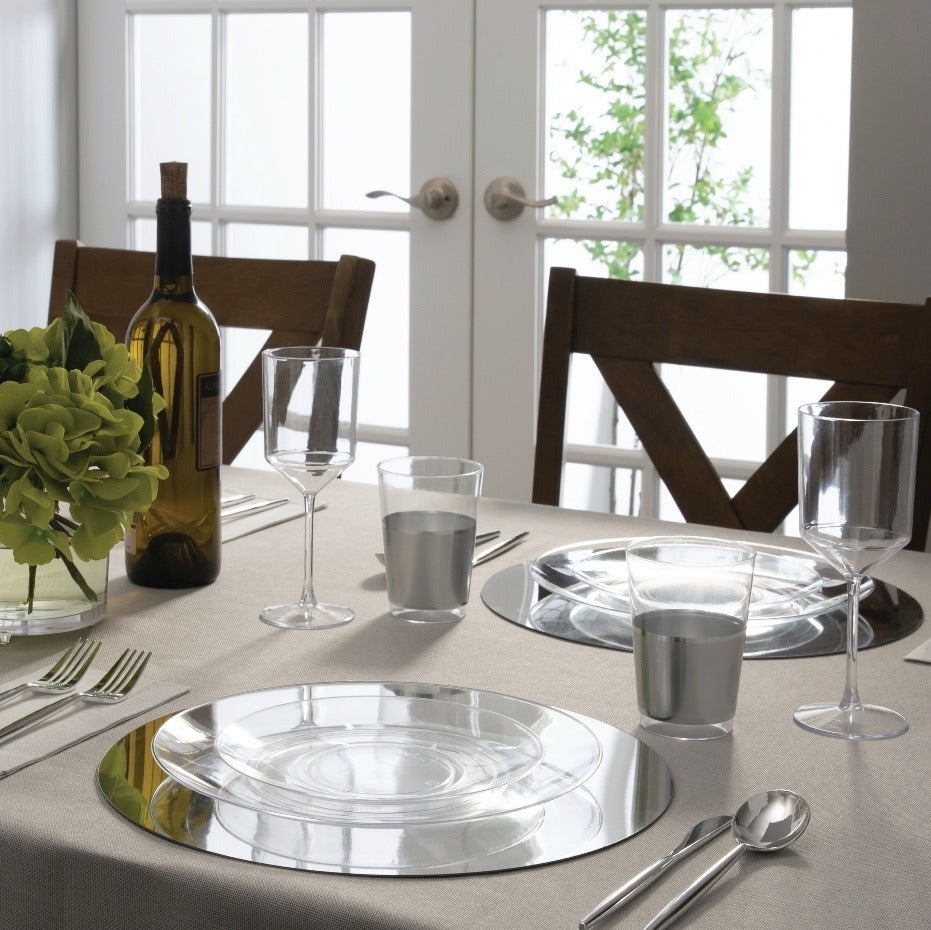 Silver clear plastic plate set elegant table setting for dinner party from Parte Haus party supply store in Bethesda MD