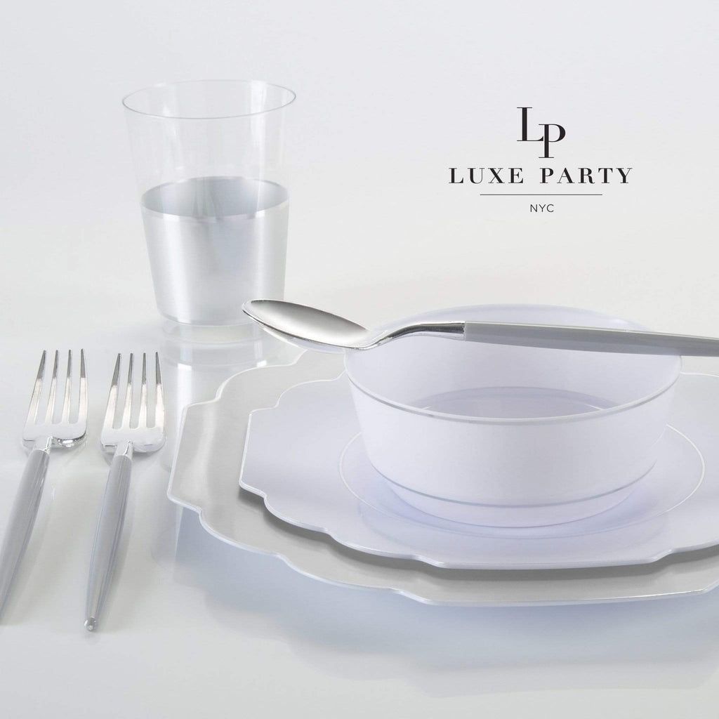 White and silver disposable tableware elegant place setting for celebration from Parte Haus party supply store in Bethesda MD