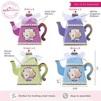 Pink purple green and blue teapot shaped treat boxes with floral print and white bows tea party from Parte Haus party supply store in Bethesda MD