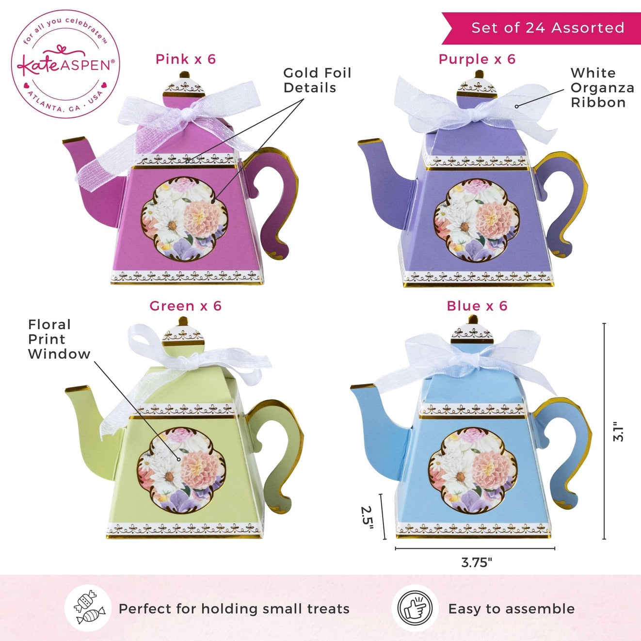 Pink purple green and blue teapot shaped treat boxes with floral print and white bows tea party from Parte Haus party supply store in Bethesda MD