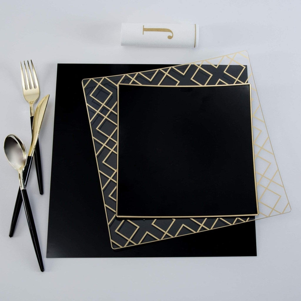 Black and gold geometric dinnerware set with flatware perfect for modern events from Parte Haus party supply store in Bethesda Maryland