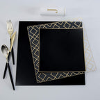 Black and gold geometric dinnerware set with flatware perfect for modern events from Parte Haus party supply store in Bethesda Maryland
