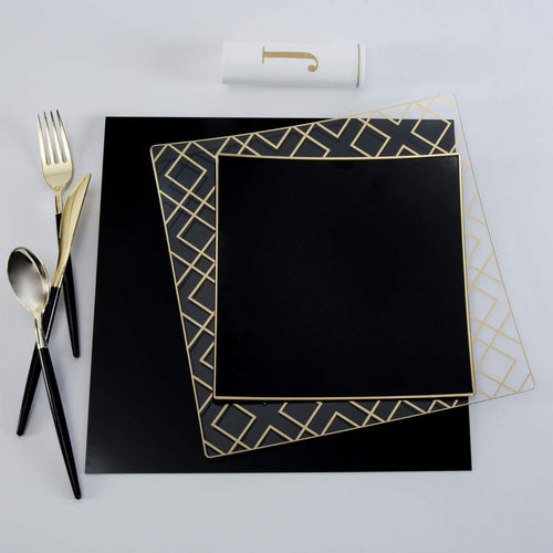 Black and gold geometric dinnerware set with flatware perfect for modern events from Parte Haus party supply store in Bethesda Maryland