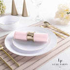 Pink and gold elegant table setting with plates and napkin for birthday from Parte Haus party supply store in Bethesda MD