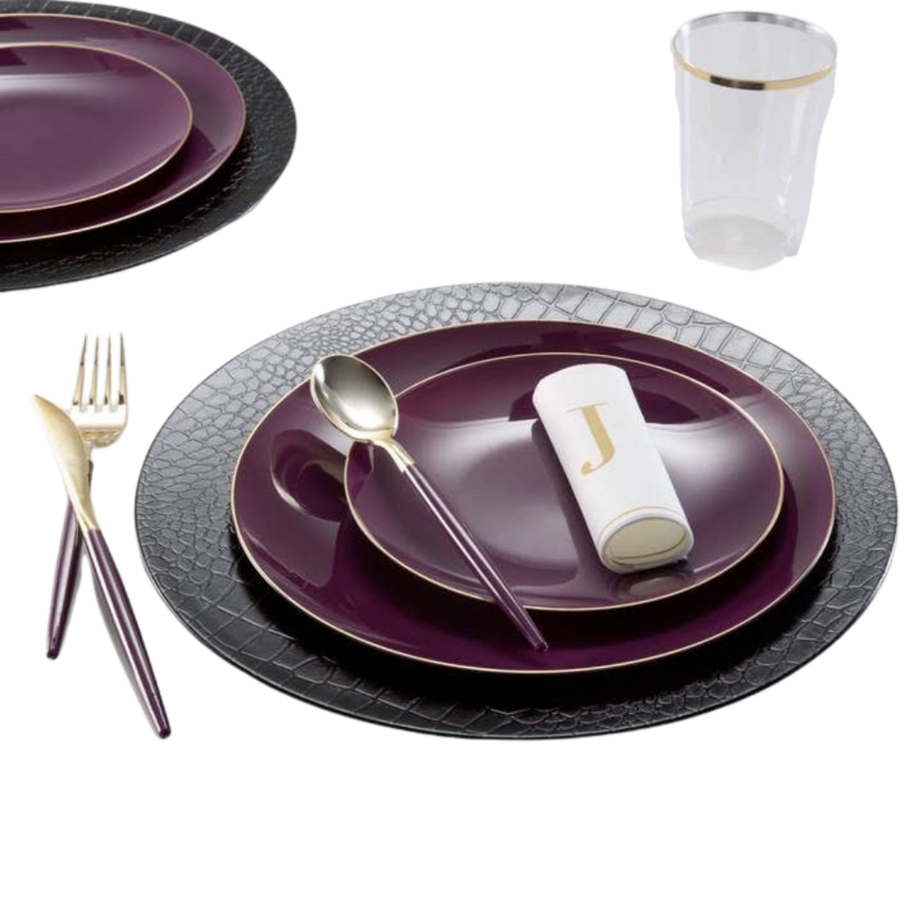 Purple and gold dinnerware set with shiny plates and utensils for elegant gatherings from Parte Haus party supply store in Bethesda MD
