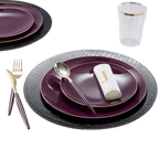 Purple and gold dinnerware set with shiny plates and utensils for elegant gatherings from Parte Haus party supply store in Bethesda MD