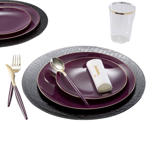Purple and gold dinnerware set with shiny plates and utensils for elegant gatherings from Parte Haus party supply store in Bethesda MD