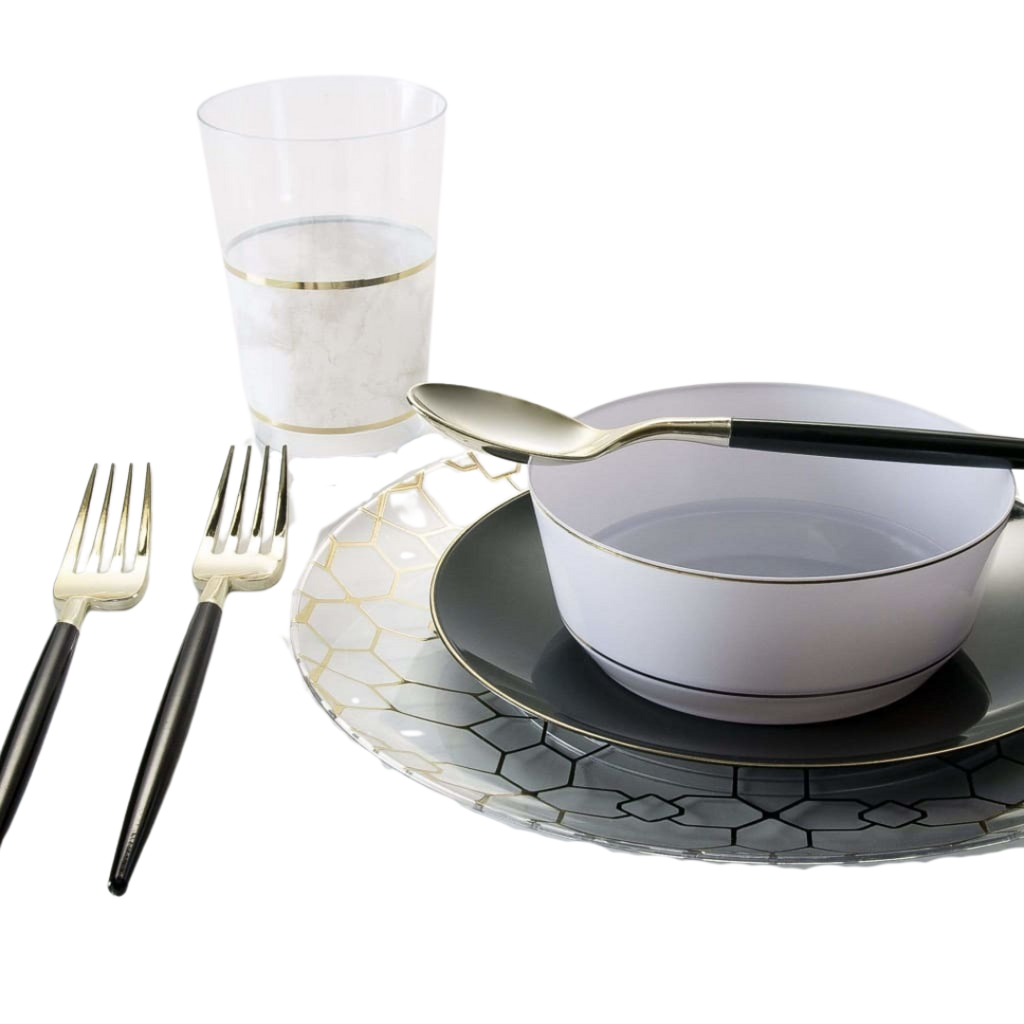 Gold and black modern dinnerware set with utensils for elegant event from Parte Haus party supply store in Bethesda MD