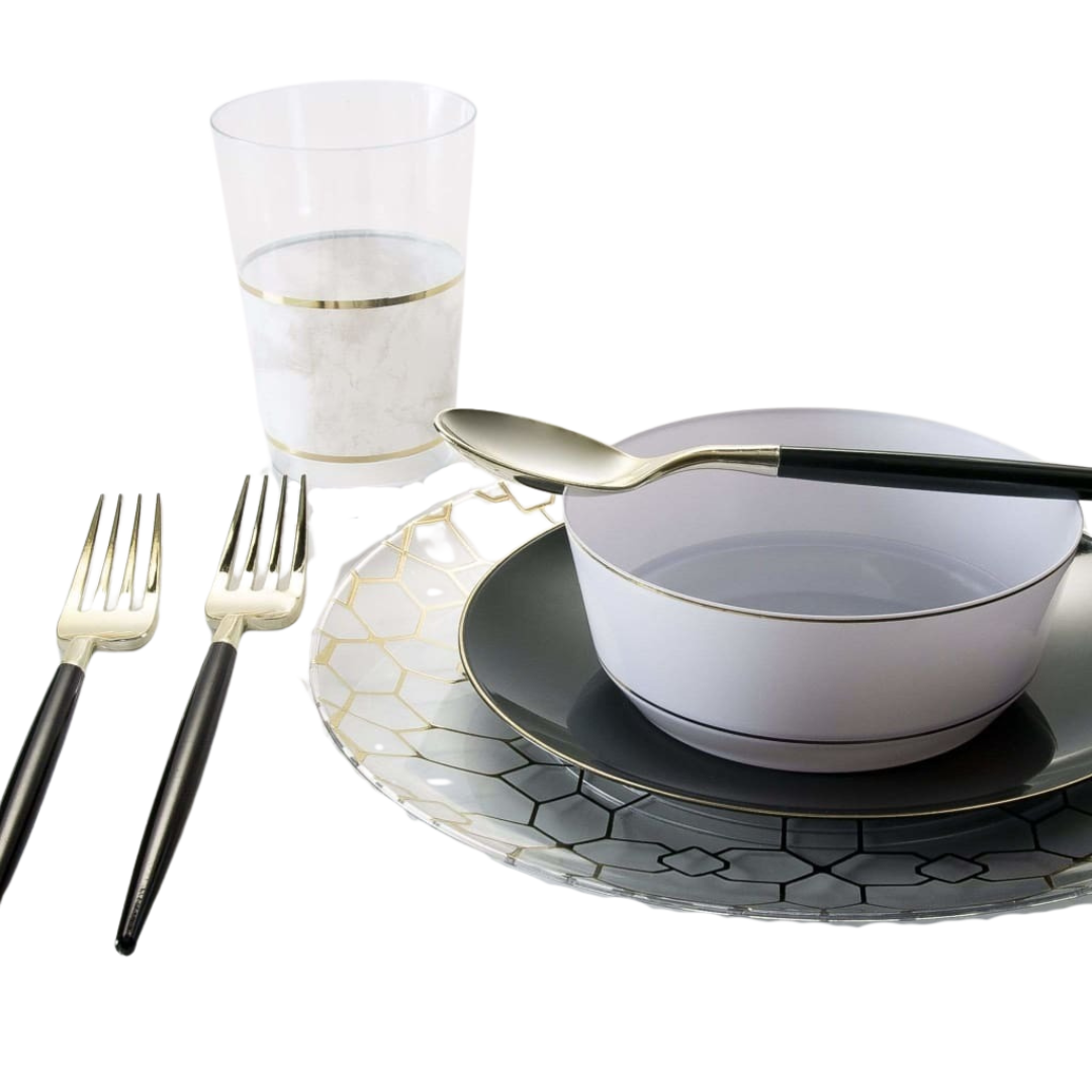 Gold and black modern dinnerware set with utensils for elegant event from Parte Haus party supply store in Bethesda MD