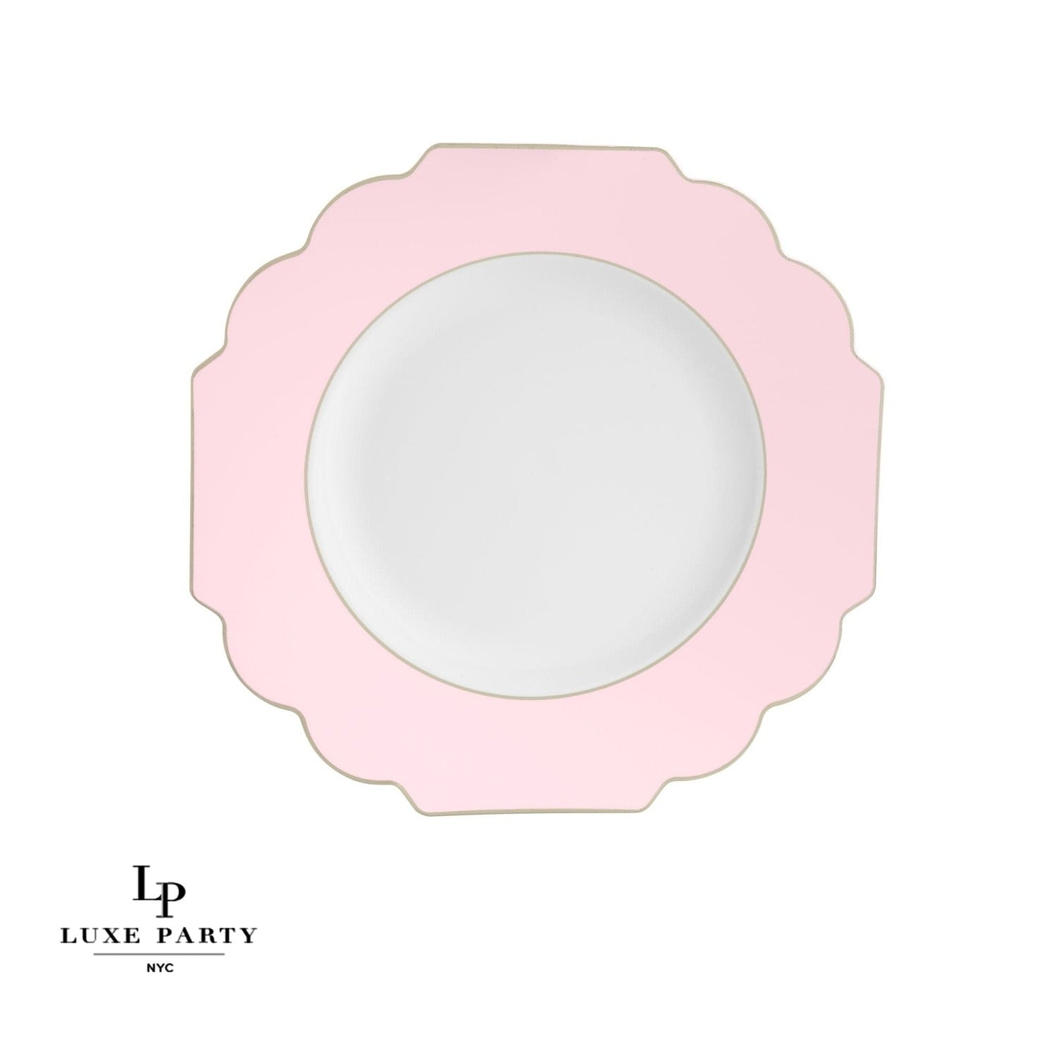 Pink and white scalloped paper plate elegant tableware for birthday celebration from Parte Haus party supply store in Bethesda MD