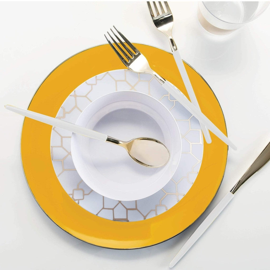 Yellow and white geometric disposable plates and cutlery elegant table setting from Parte Haus party supply store in Bethesda, MD