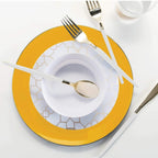 Yellow and white geometric disposable plates and cutlery elegant table setting from Parte Haus party supply store in Bethesda, MD