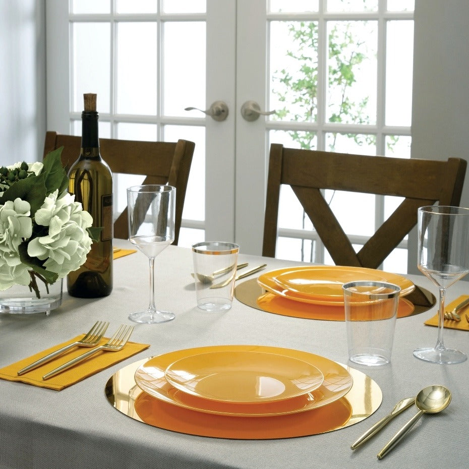 Yellow and gold tableware elegant dinner setting summer celebration from Parte Haus party supply store in Bethesda MD