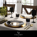 Black and gold dinnerware set elegant table decor for dinner party theme from Parte Haus party supply store in Bethesda Maryland