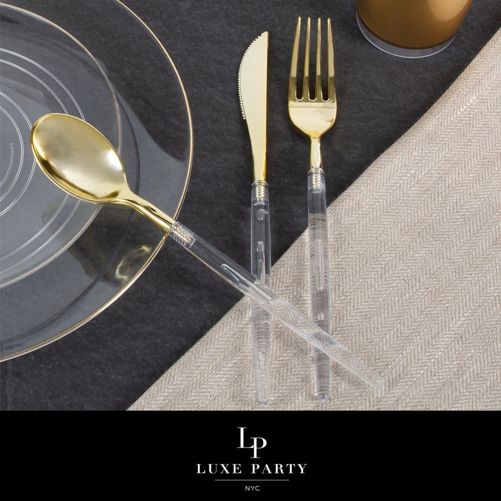 Gold and clear plastic cutlery set elegant tableware for celebrations from Parte Haus party supply store in Bethesda MD