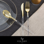 Gold and clear plastic cutlery set elegant tableware for celebrations from Parte Haus party supply store in Bethesda MD