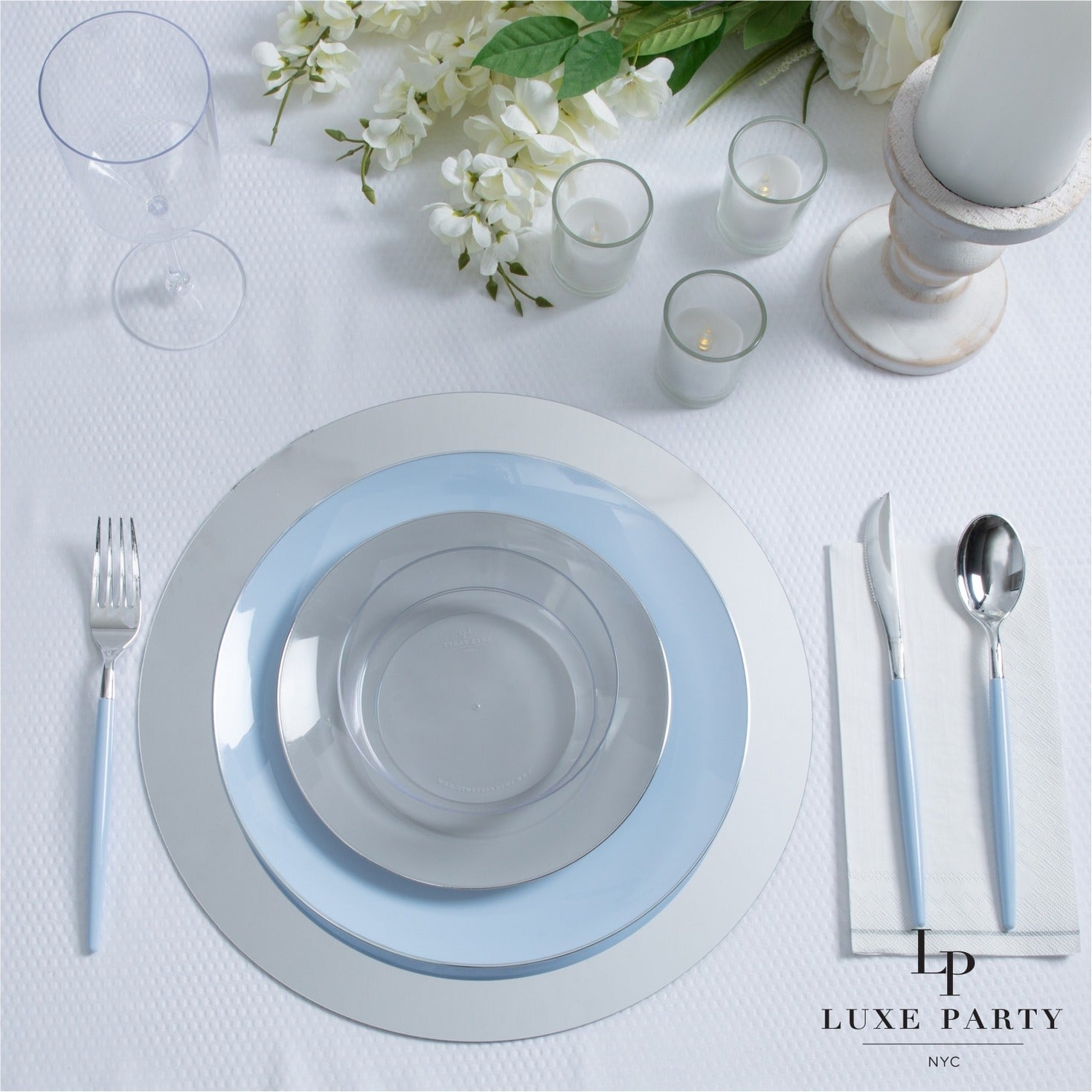 Light blue and silver tableware set elegant dinner setting wedding theme from Parte Haus party supply store in Bethesda MD
