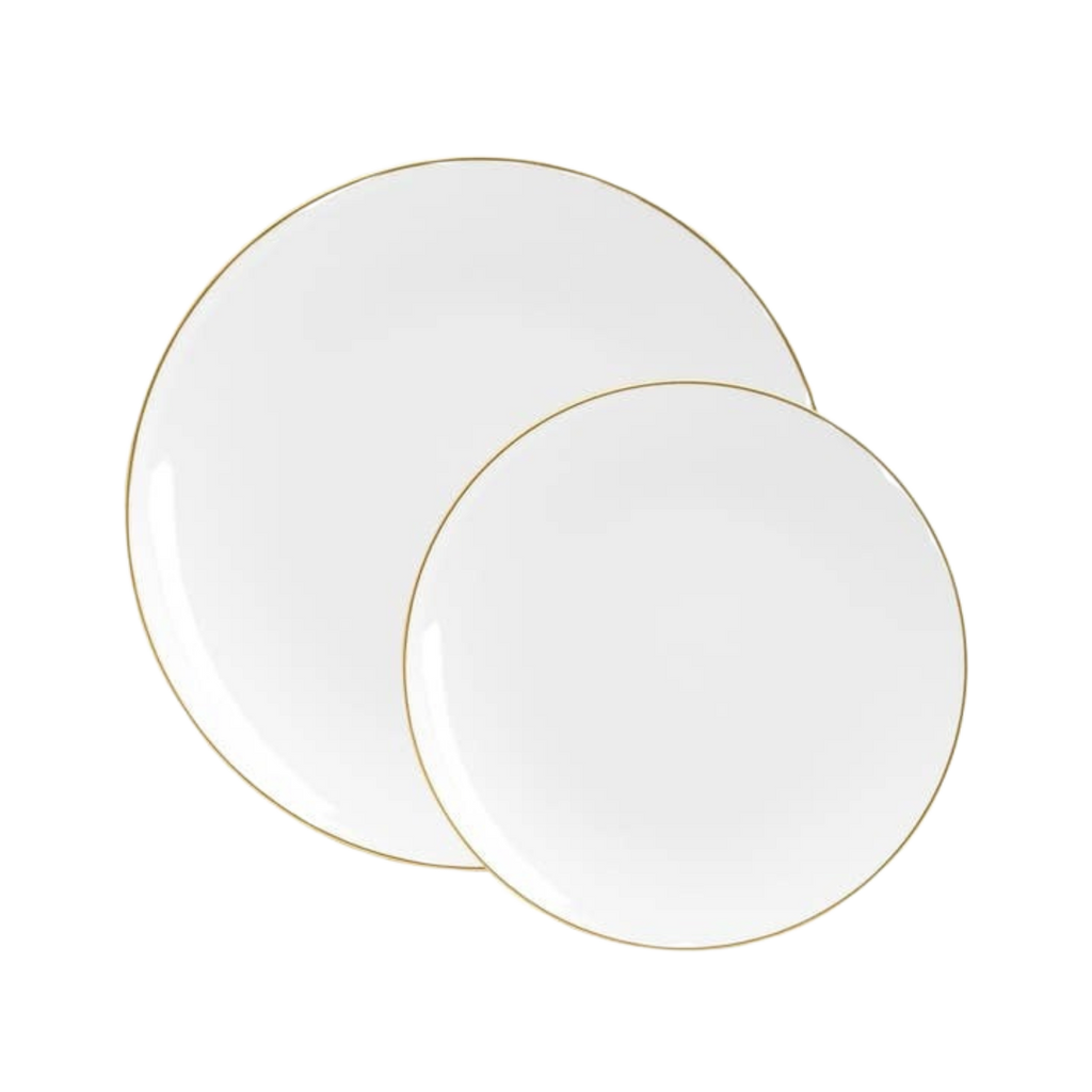 White round plates with gold rim elegant dinnerware for weddings from Parte Haus party supply store in Bethesda MD