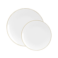 White round plates with gold rim elegant dinnerware for weddings from Parte Haus party supply store in Bethesda MD
