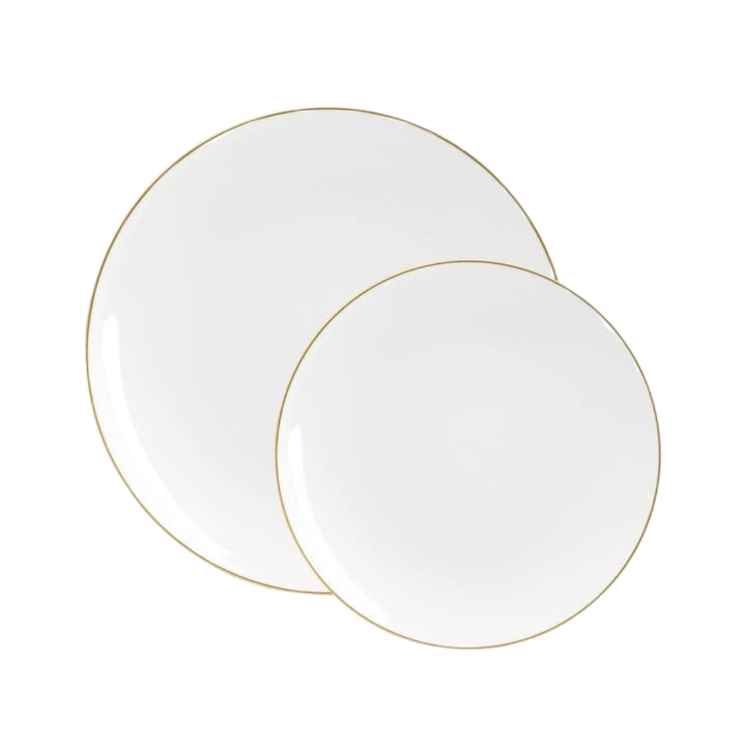 White round plates with gold rim elegant dinnerware for weddings from Parte Haus party supply store in Bethesda MD