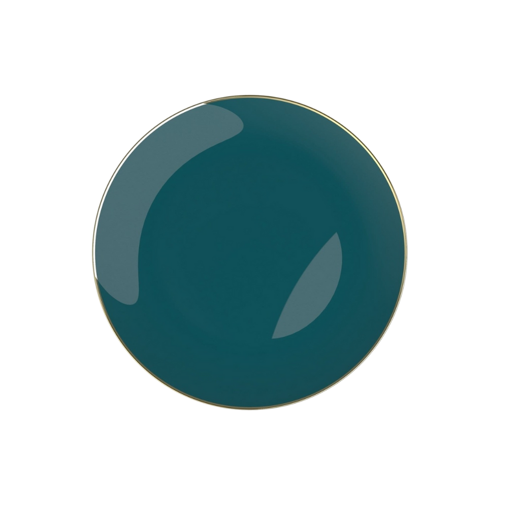 teal plate with gold rim classic dinnerware for celebrations from Parte Haus party supply store in Bethesda Maryland