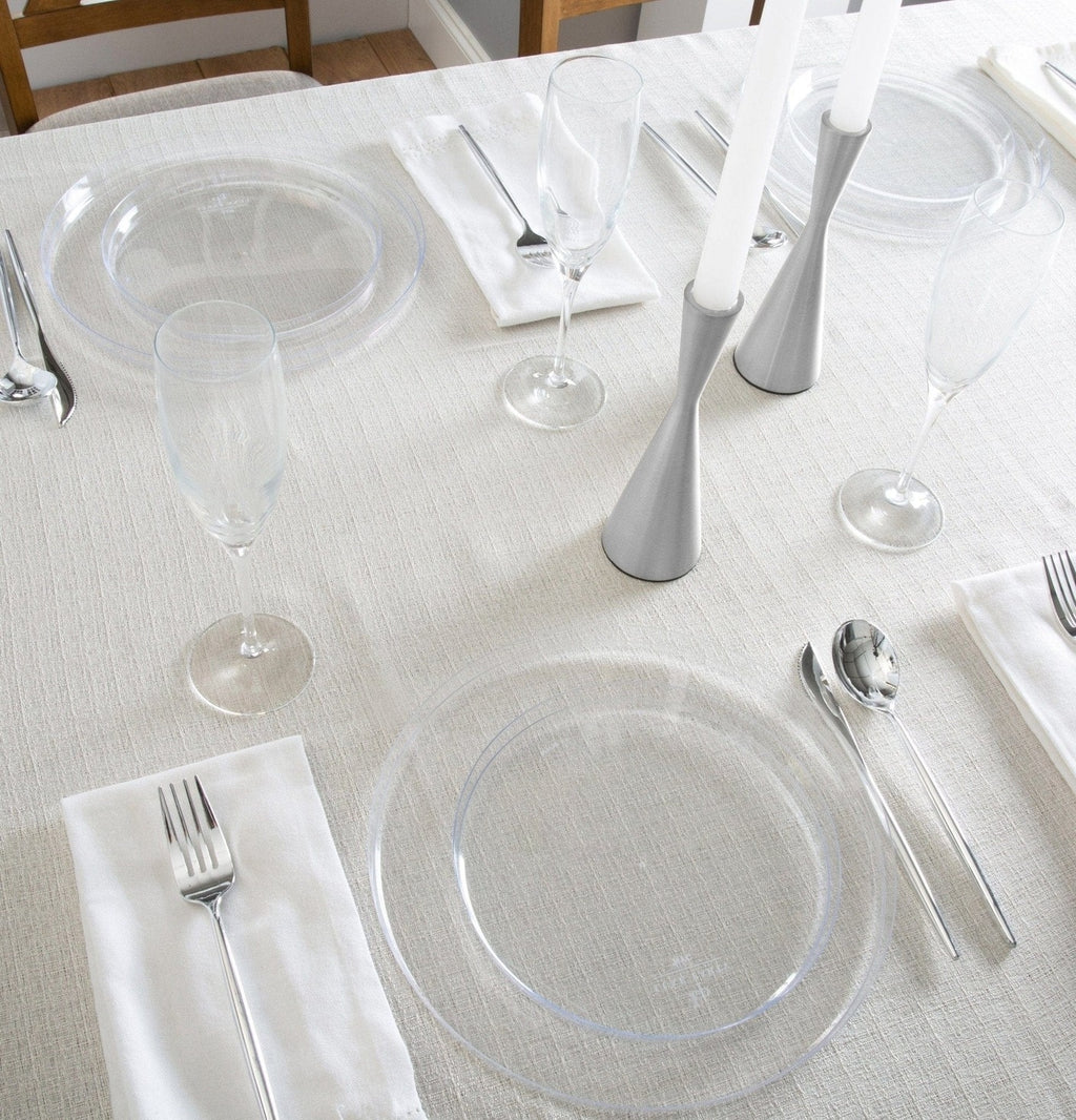 Clear plastic dinner plates modern tableware set for elegant dining from Parte Haus party supply store in Bethesda MD