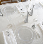 Clear plastic dinner plates modern tableware set for elegant dining from Parte Haus party supply store in Bethesda MD