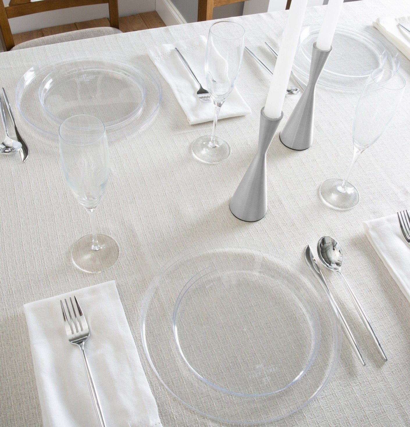 Clear plastic dinner plates modern tableware set for elegant dining from Parte Haus party supply store in Bethesda MD
