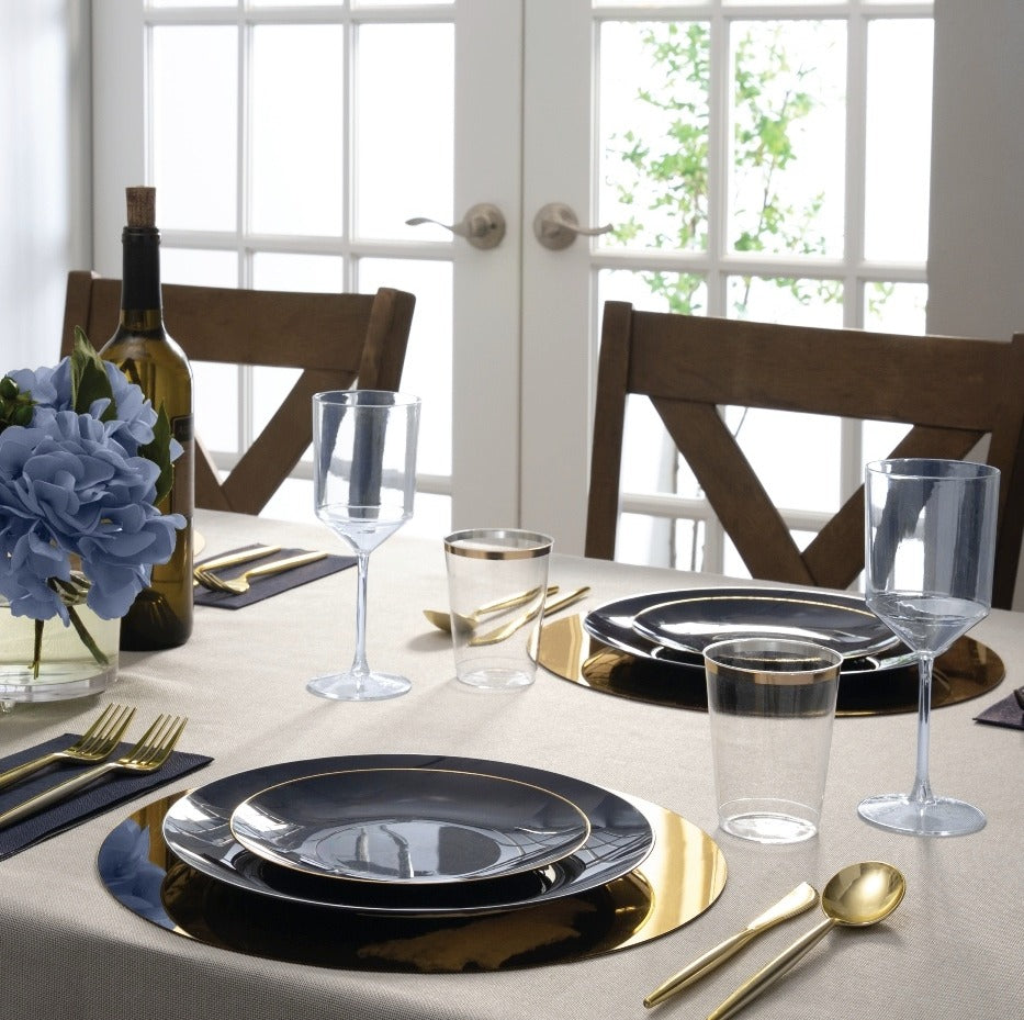 Black and gold dinnerware elegant table setting for celebration from Parte Haus party supply store in Bethesda MD