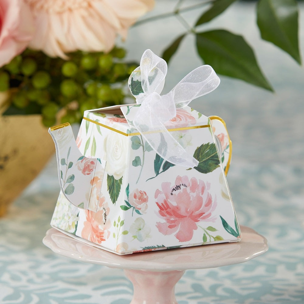 Floral pastel teapot favor box with white bow tea party decor from Parte Haus party supply store in Bethesda MD
