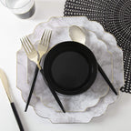 Black and marble grey tableware set with gold trim elegant table setting from Parte Haus party supply store in Bethesda Maryland