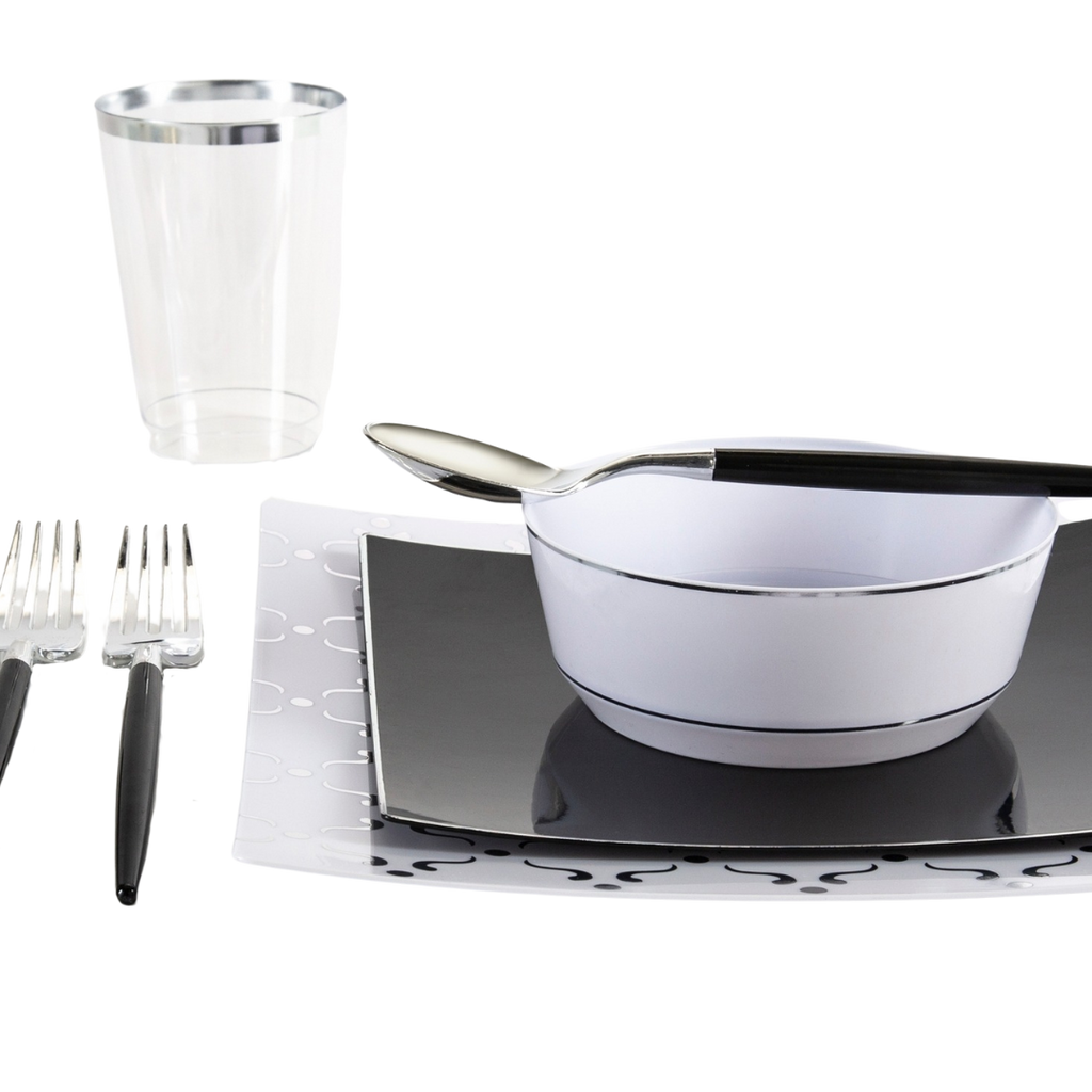 Silver and black dinnerware set with forks cup and bowl for formal events from Parte Haus party supply store in Bethesda MD