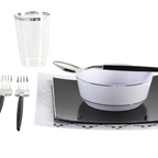 Silver and black dinnerware set with forks cup and bowl for formal events from Parte Haus party supply store in Bethesda MD