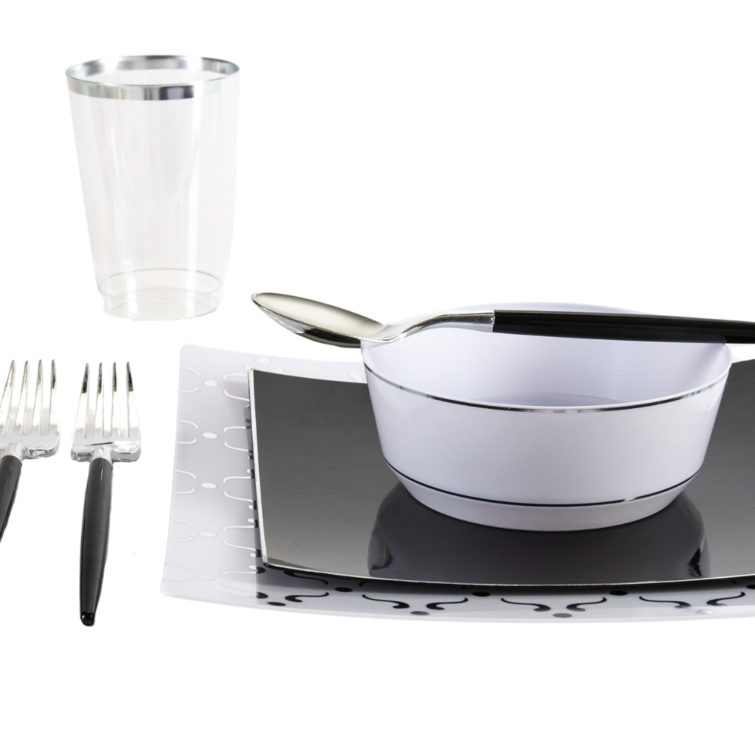 Silver and black dinnerware set with forks cup and bowl for formal events from Parte Haus party supply store in Bethesda MD