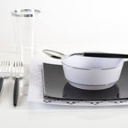 Black and white upscale dinnerware set with forks bowl and spoon modern tableware for formal event from Parte Haus party supply store in Bethesda Maryland