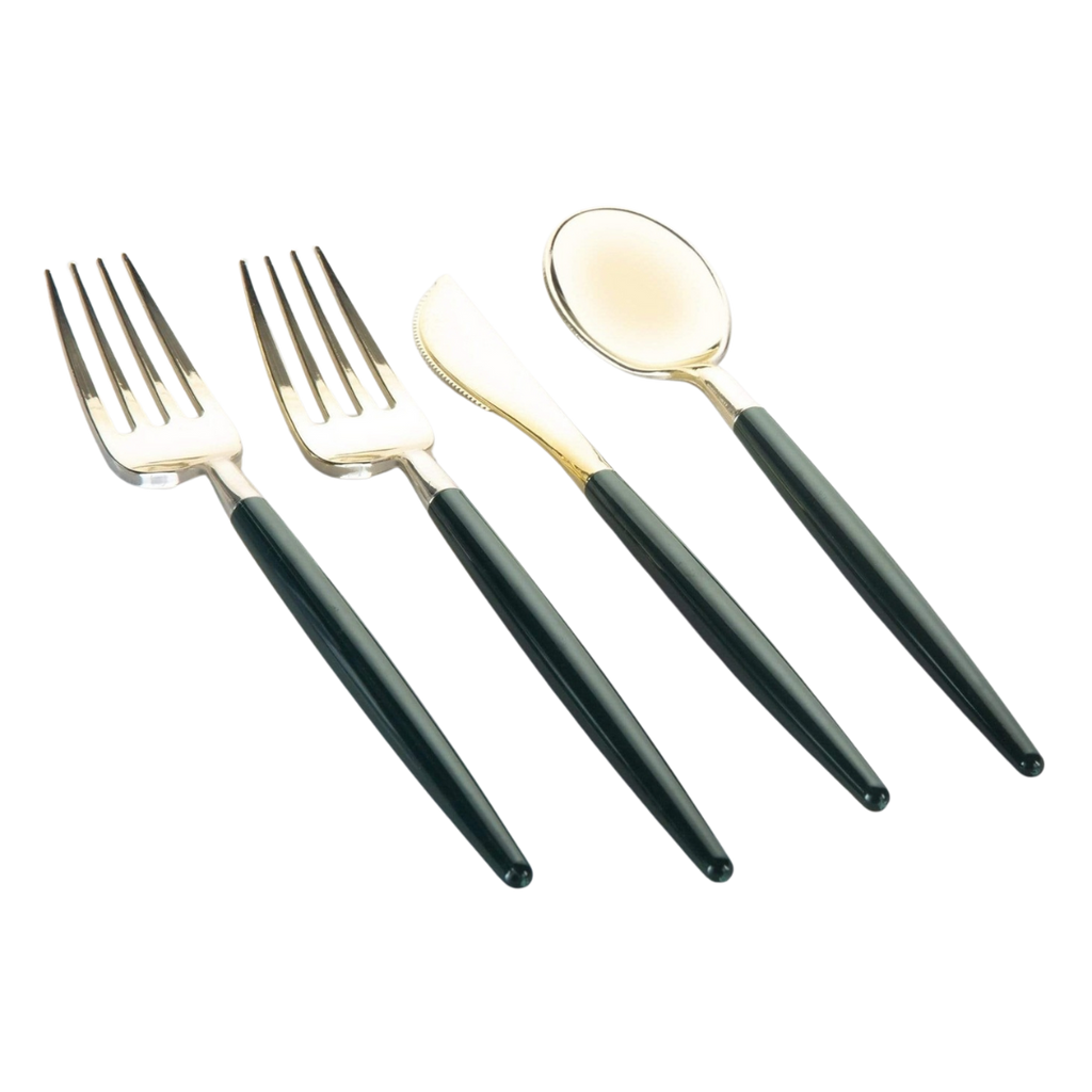 Dark green gold cutlery set elegant forks knife spoon dinnerware for celebrations from Parte Haus party supply store in Bethesda Maryland