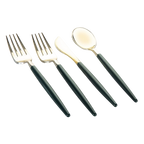 Dark green gold cutlery set elegant forks knife spoon dinnerware for celebrations from Parte Haus party supply store in Bethesda Maryland