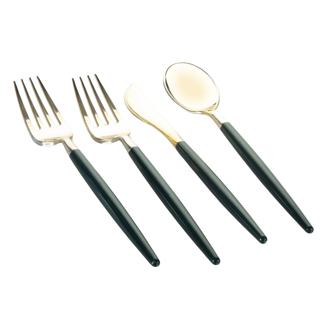 Dark green gold cutlery set elegant forks knife spoon dinnerware for celebrations from Parte Haus party supply store in Bethesda Maryland