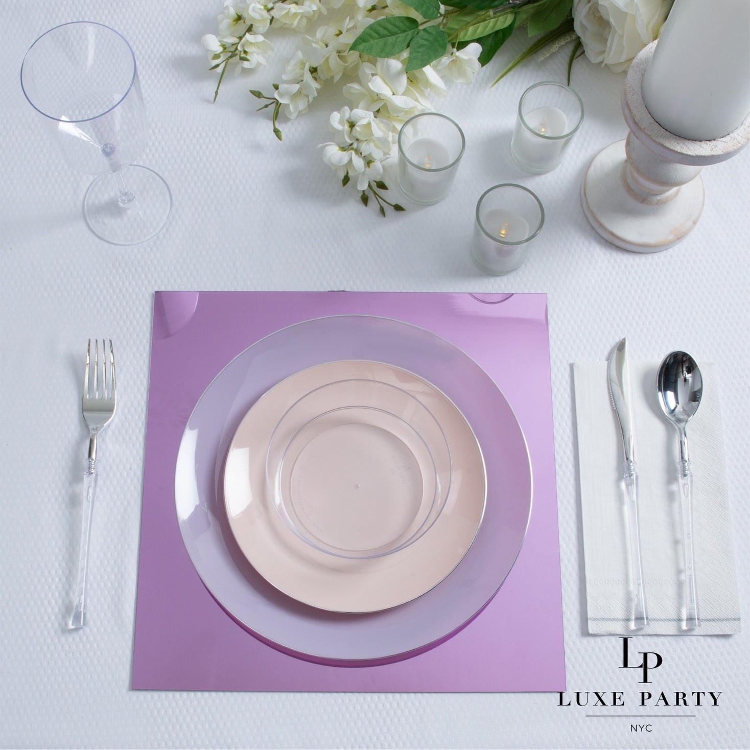 Pink and purple dinnerware set elegant table setting for wedding from Parte Haus party supply store in Bethesda MD
