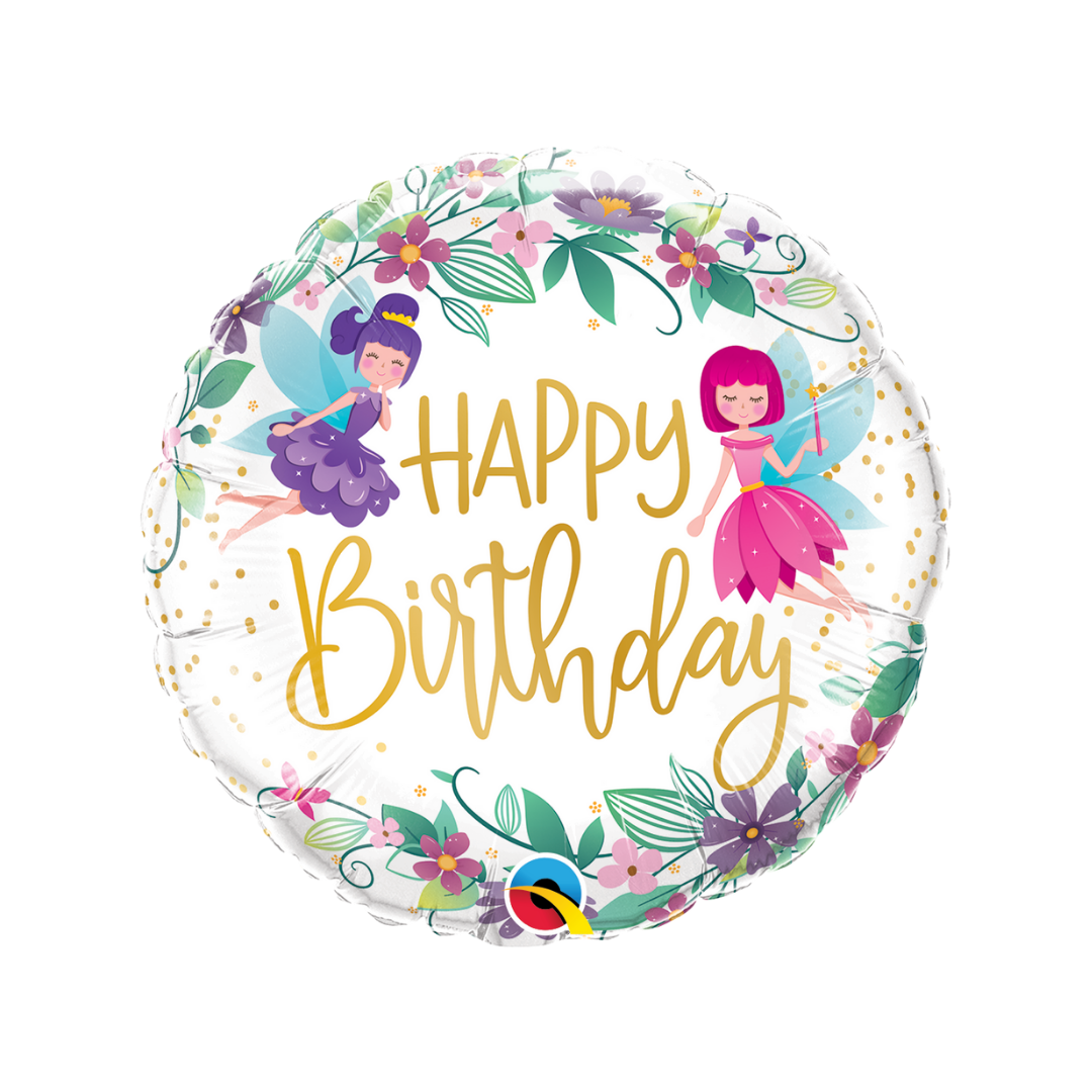 Floral 18in happy birthday fairy foil balloon with pink and purple fairies – from Parte Haus party supply store in Bethesda, Maryland.