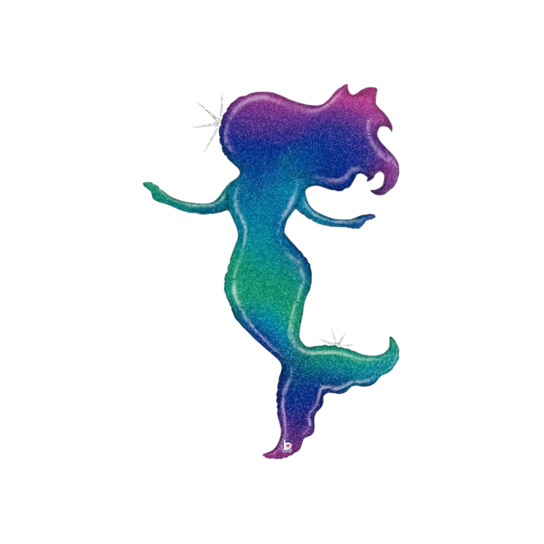 Glittered ombre 52in mermaid foil balloon in purple teal and blue for under the sea birthdays – from Parte Haus party supply store in Bethesda, MD.