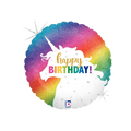 Rainbow gold unicorn foil balloon with happy birthday text unicorn birthday theme from Parte Haus party supply store in Bethesda MD