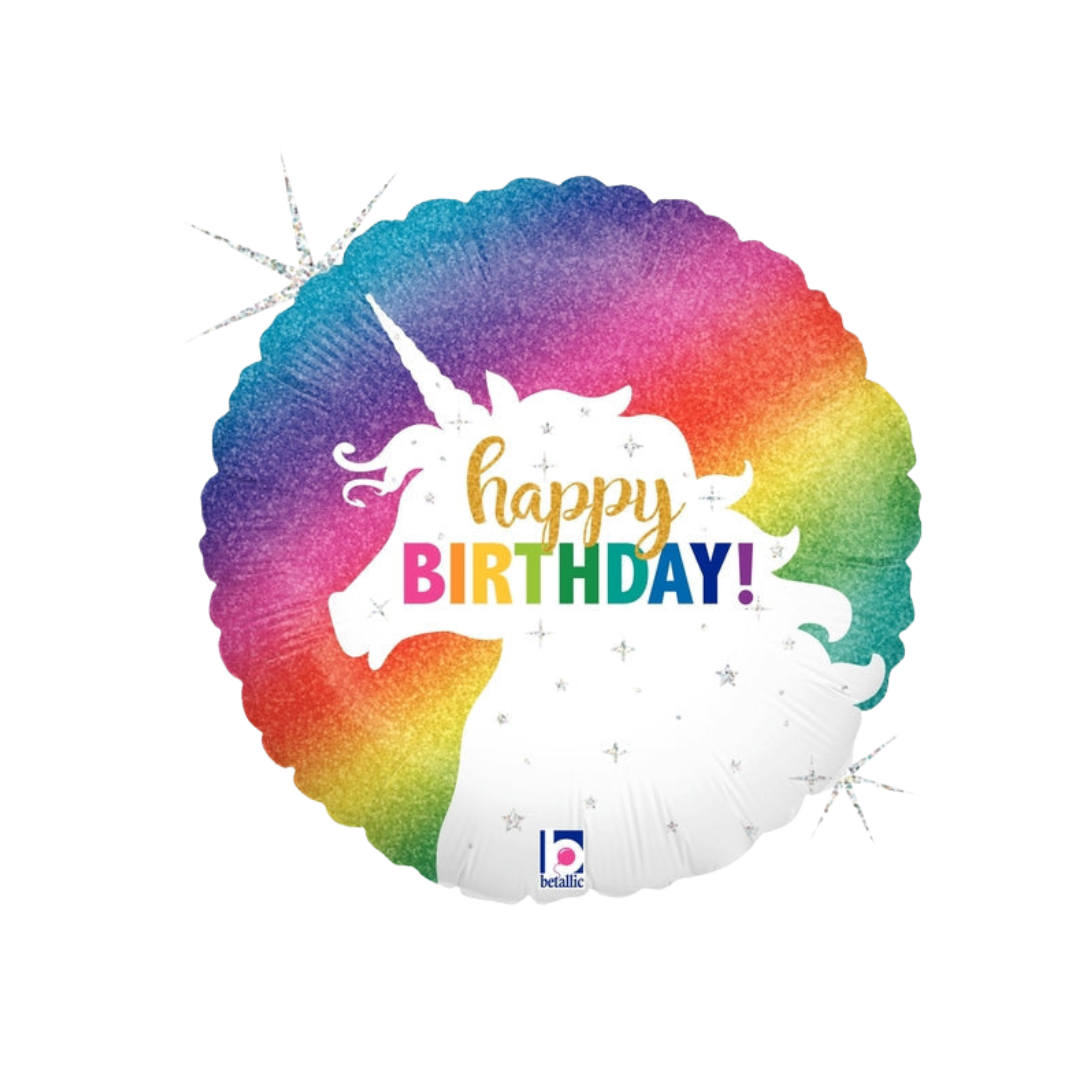 Rainbow gold unicorn foil balloon with happy birthday text unicorn birthday theme from Parte Haus party supply store in Bethesda MD